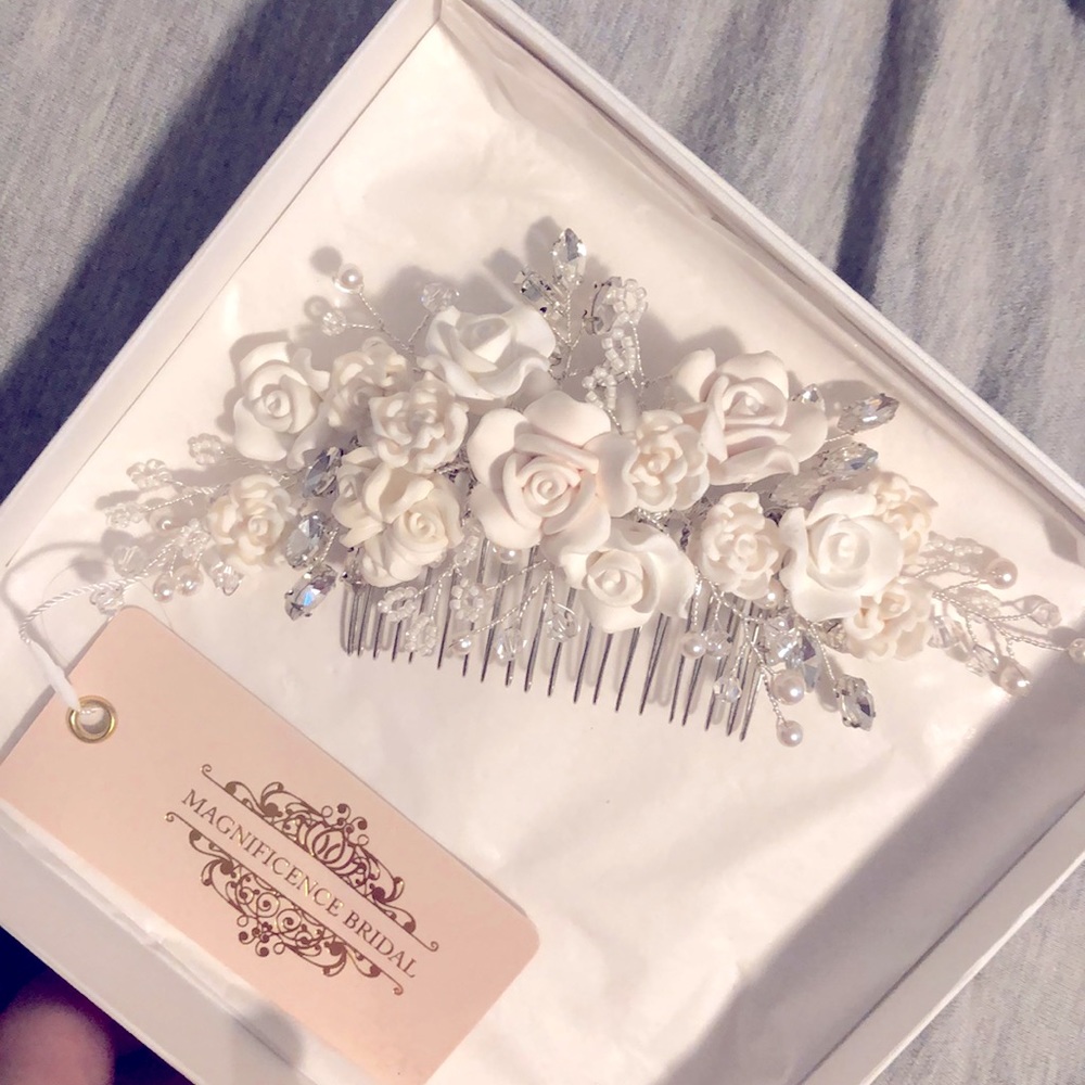 Bridal Bride Wedding Floral Hair Piece Pin Ivory White Handmade